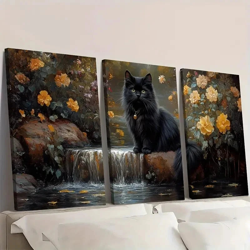 3pcs Black Cat Waterfall & Floral Desig   Wall Art Set Canvas Framed 40x60cm - High Quality Print 100% Australian Made Wall Canvas Ready to Hang - Bella Home Decor