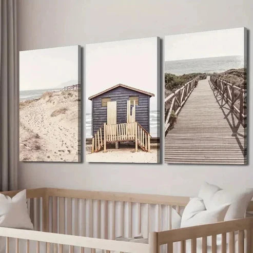 3pcs Sand Dunes & Seaside Hut Landscape Wall Art Canvas Unframed - High Quality Print 100% Australian Made Wall Canvas