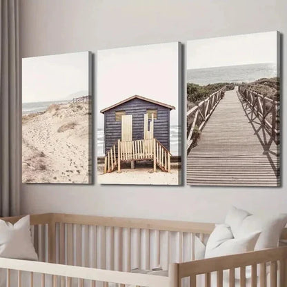 3pcs Sand Dunes & Seaside Hut Landscape Wall Art Canvas Unframed - High Quality Print 100% Australian Made Wall Canvas