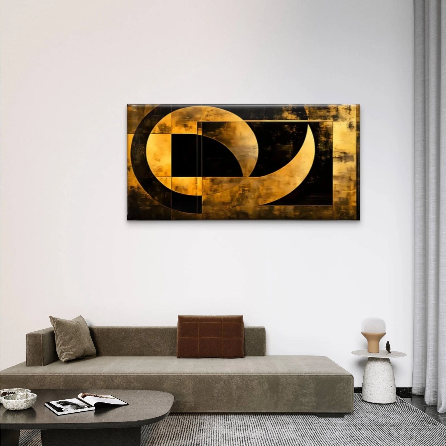 Golden Square Black Circles Wall Art Canvas Office Home Room Framed 120x60cm