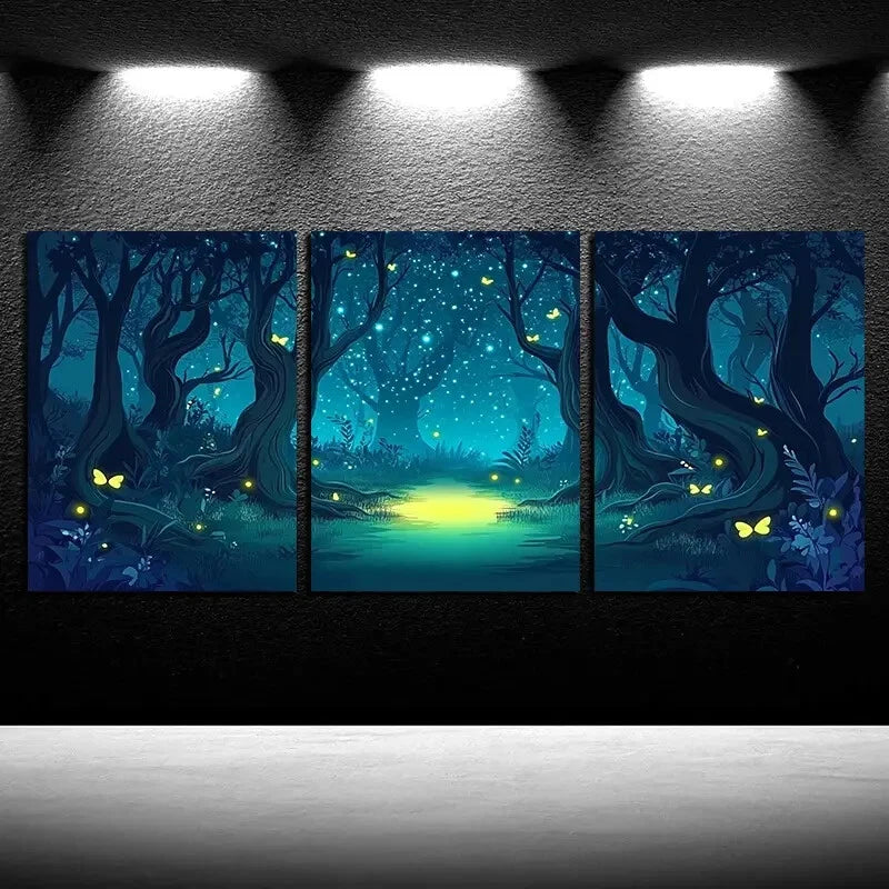 3pcs Modern Nature-Themed Glowing Night Scene Metal Print Ready to Hang Art - Bella Home Decor