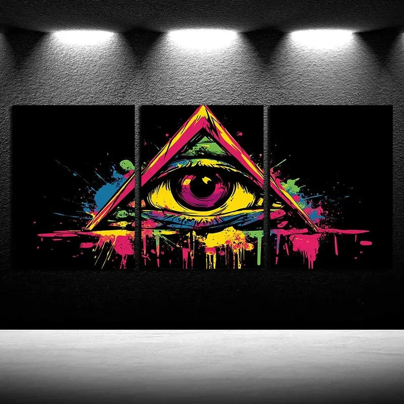3pcs Vibrant Eyes in The Triangle Paint Splatter Metal Print Ready to Hang Art - Bella Home Decor