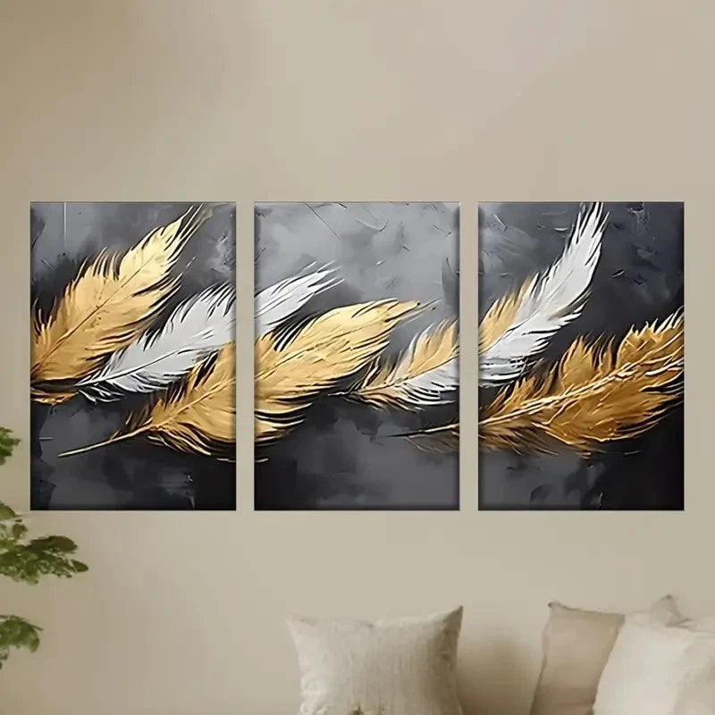 3pcs Three Golden Feathers on Black Background Metal Print Ready to Hang Art