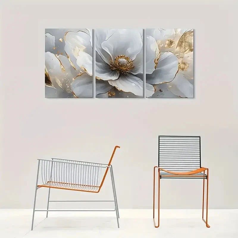 3pcs Abstract Floral Gray & Golden Metal Print Ready to Hang Art - Bella Home Decor