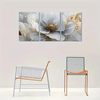 3pcs Abstract Floral Gray & Golden Metal Print Ready to Hang Art - Bella Home Decor