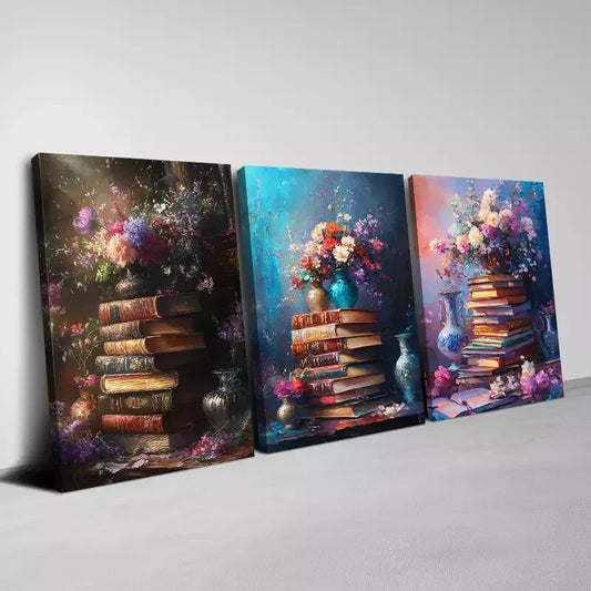 3pcs Enchanting & Vintage Floral and Old Books Wall Art Set Canvas Framed 50x70cm - High Quality Print 100% Australian Made Wall Canvas Ready to Hang