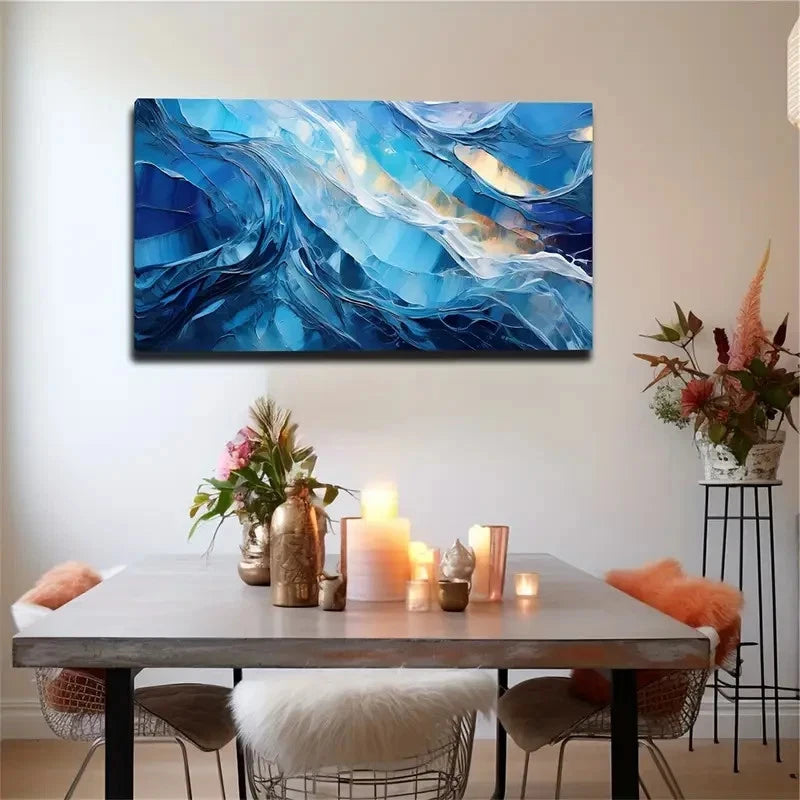 Blue Turquoise & Golden Wall Art Canvas Office Home Room Framed 120x60cm