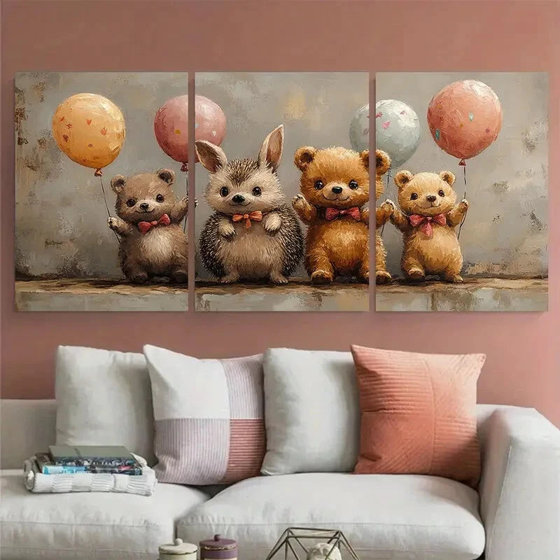 3pcs Bunny Hedgehog Teddy Bear Party Balloons Metal Print Ready to Hang Art - Bella Home Decor