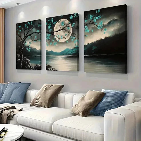 3pcs Tranquil Moonlit Forest Lake And Tree Wall Art Set Canvas Unframed - High Quality Print 100% Australian Made Wall Canvas