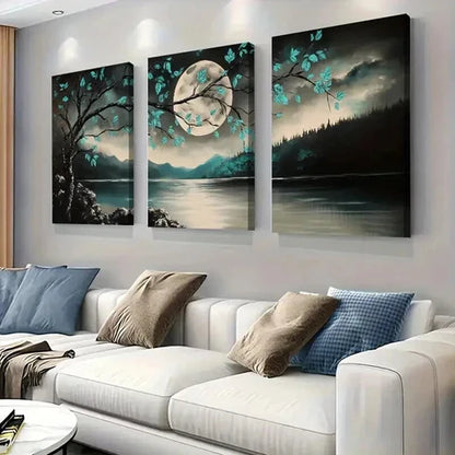 3pcs Tranquil Moonlit Forest Lake And Tree Wall Art Set Canvas Unframed - High Quality Print 100% Australian Made Wall Canvas