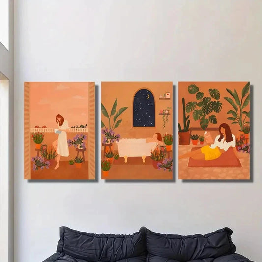 3pcs Serene Plant & Girl Illustrations Metal Print Ready to Hang Art