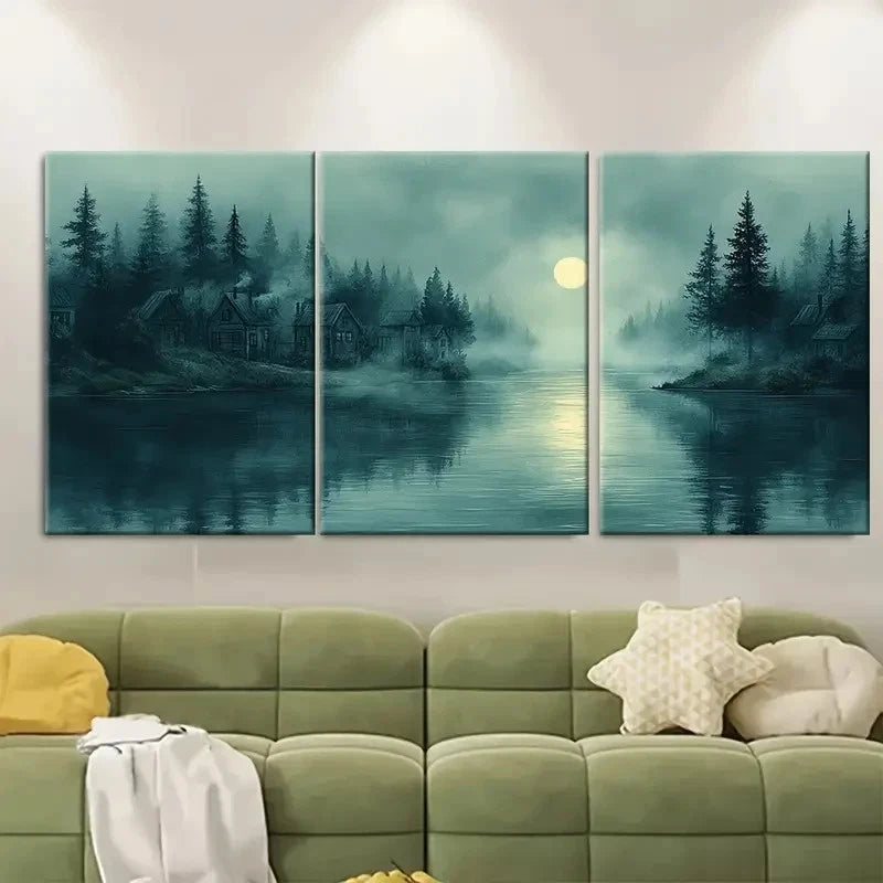 3pcs illustration of Green River Land EU   Wall Art Set Canvas Framed 50x70cm - High Quality Print 100% Australian Made Wall Canvas Ready to Hang - Bella Home Decor