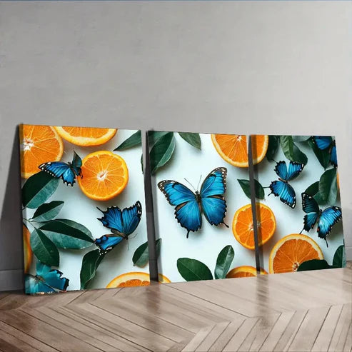 3pcs Blue Butterflies & Orange Tree Perfect Wall Wall Art Set Canvas Unframed - High Quality Print 100% Australian Made Wall Canvas - Bella Home Decor