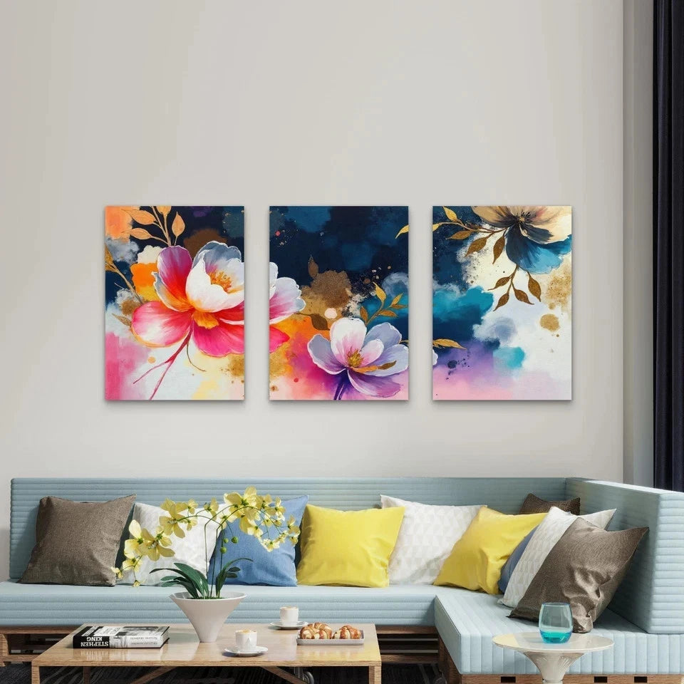 3pcs Vibrant Watercolor Gold Floral Abstract Wall Art Set Canvas Framed 60x90cm - High Quality Print 100% Australian Made Wall Canvas Ready to Hang - Bella Home Decor