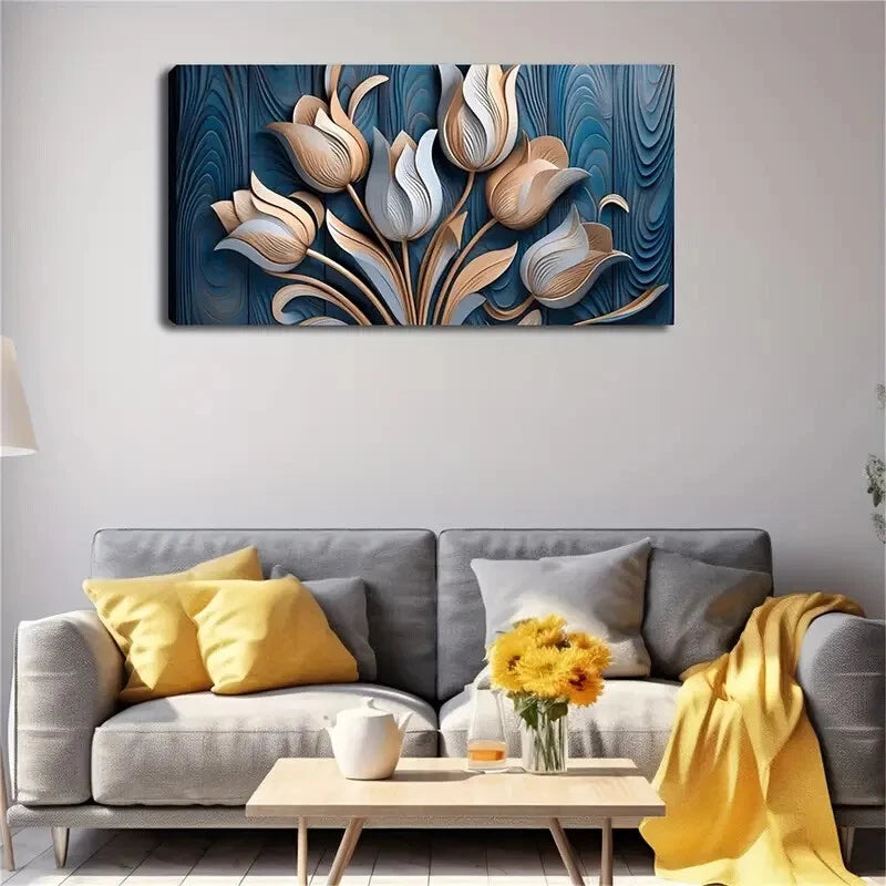 Golden & Light Blue Tulip Wall Art Canvas Office Home Room Framed 120x60cm - Bella Home Decor
