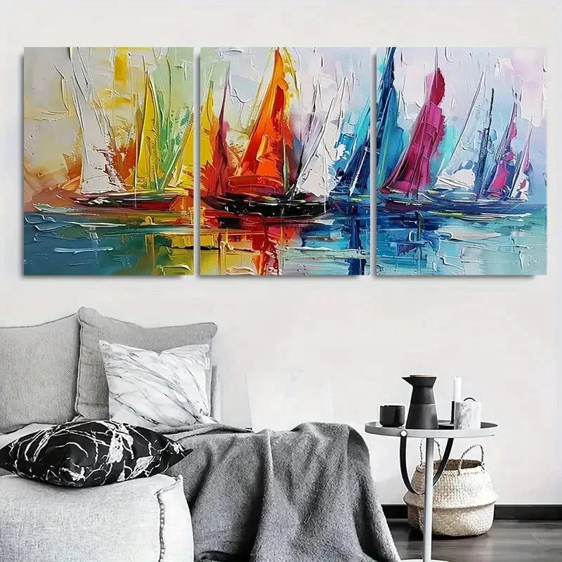 3pcs Vibrant Textured Colorful Sailing Boats Metal Print Ready to Hang Art