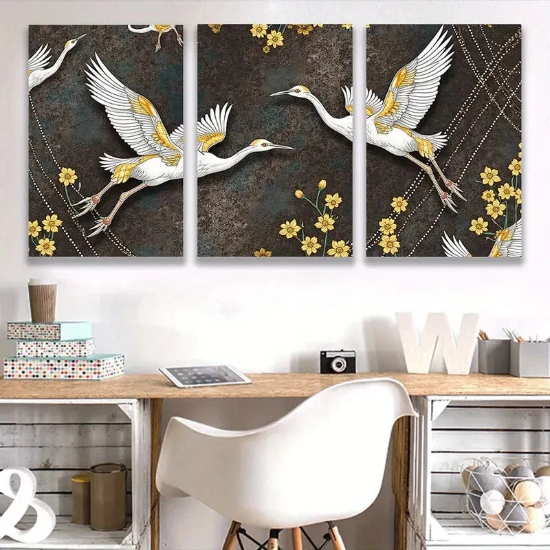 3pcs Elegant Cranes Flight with Golden Accents  Wal1l Art Set Canvas Framed 40x60cm - High Quality Print 100% Australian Made Wall Canvas Ready to Hang