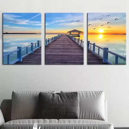 3pcs Natural Pine Wood Pier Sea view Painting Wall Art Canvas Unframed - High Quality Print 100% Australian Made Wall Canvas