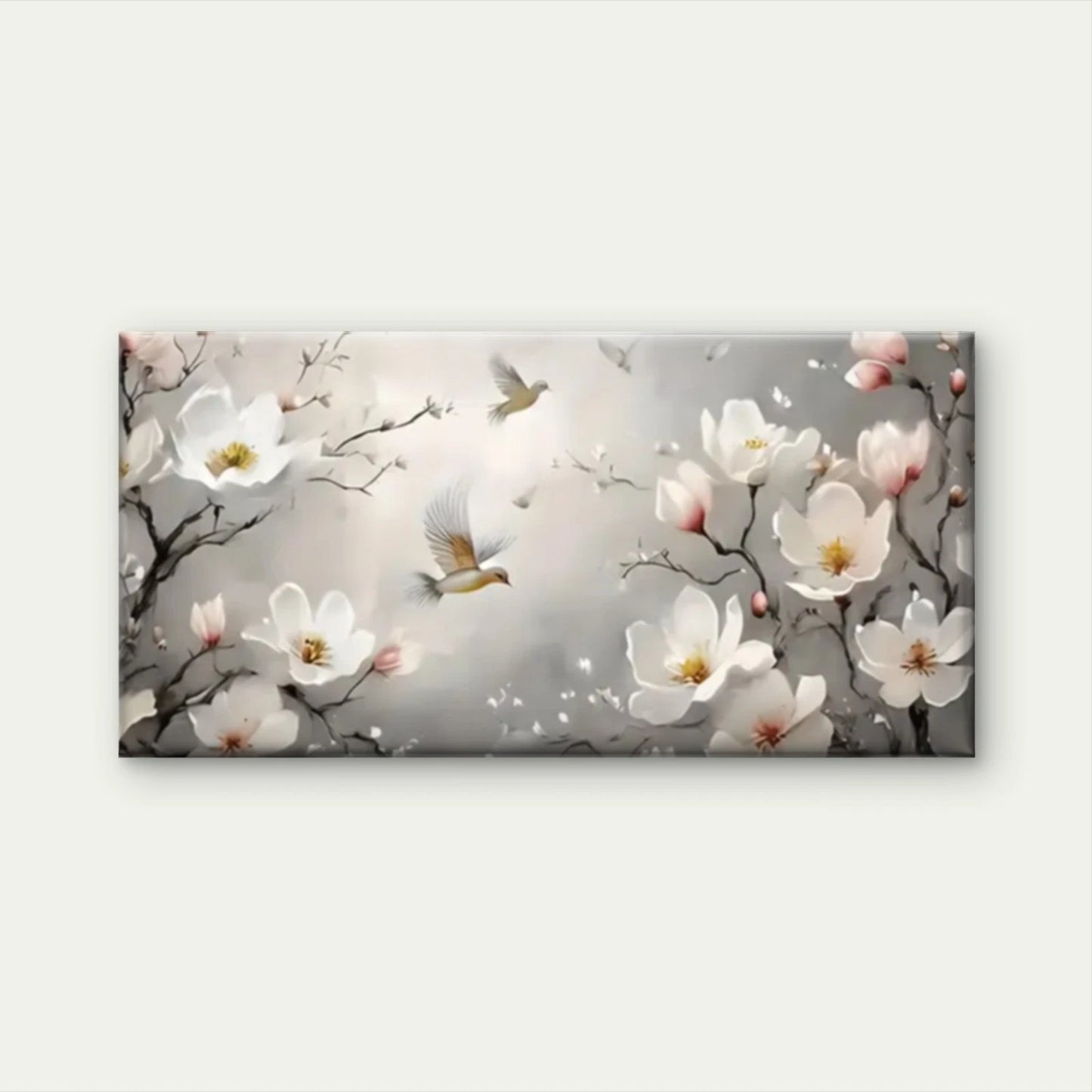 Flowers Birds Grey White Wall Art Canvas Office Home Room Framed 120x60cm