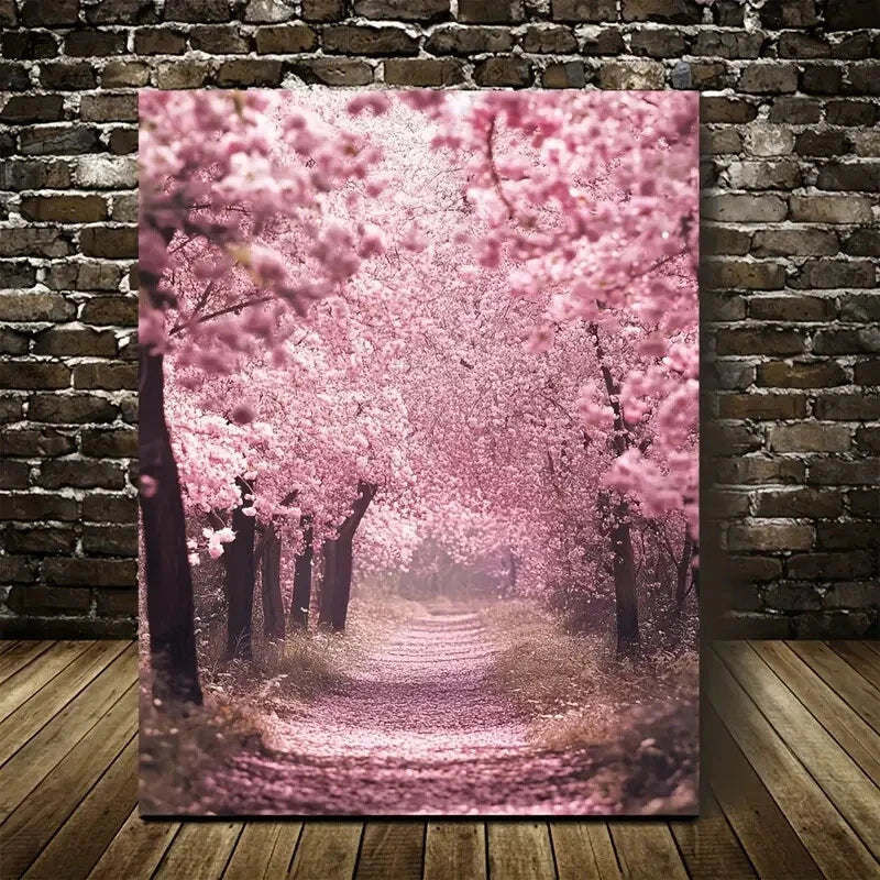 Lush Cherry Blossom Forest Landscape Painting 40x60cm Metal Print Ready to Hang - Bella Home Decor
