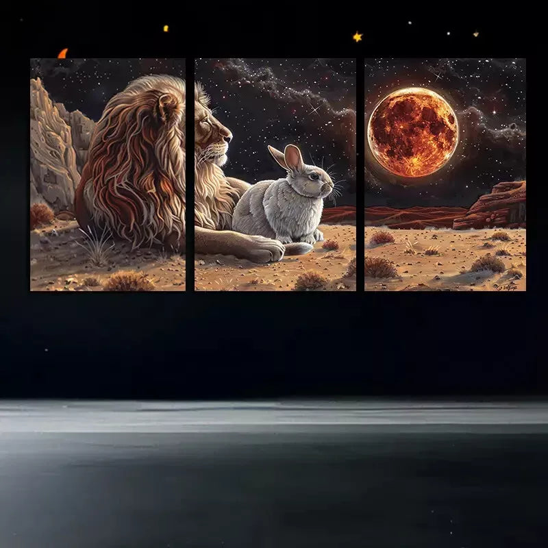 3pcs Lion And Rabbit Watching The Fire Colored Moon Wall Art Set Canvas Framed 50x70cm - High Quality Print 100% Australian Made Wall Canvas Ready to Hang