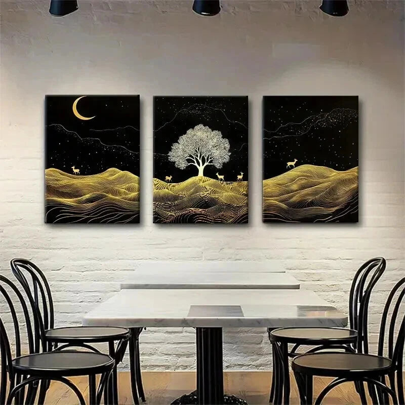 3pcs Elegant Moonlit Deer Tree Night Perfect Wall Art Set Canvas Framed 40x60cm - High Quality Print 100% Australian Made Wall Canvas Ready to Hang