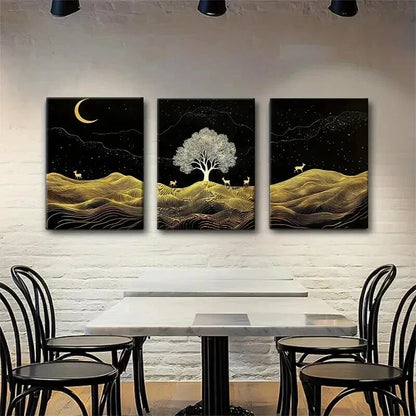 3pcs Elegant Moonlit Deer Tree Night Perfect Wall Art Set Canvas Framed 40x60cm - High Quality Print 100% Australian Made Wall Canvas Ready to Hang