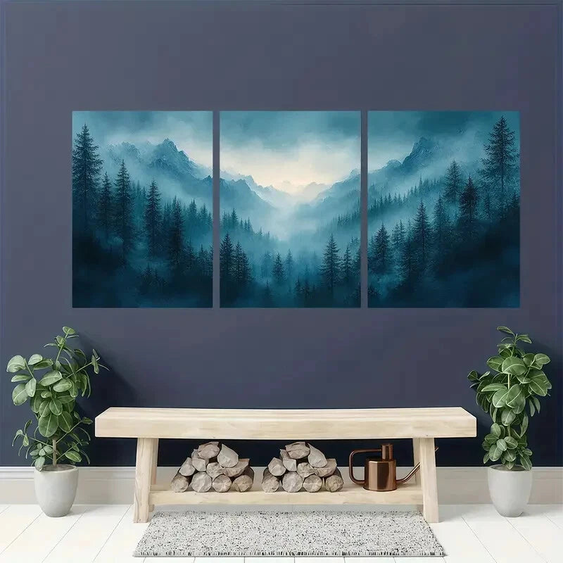 3pcs Misty Blue & Emerald Green Mountain Landscape Metal Print Ready to Hang Art - Bella Home Decor