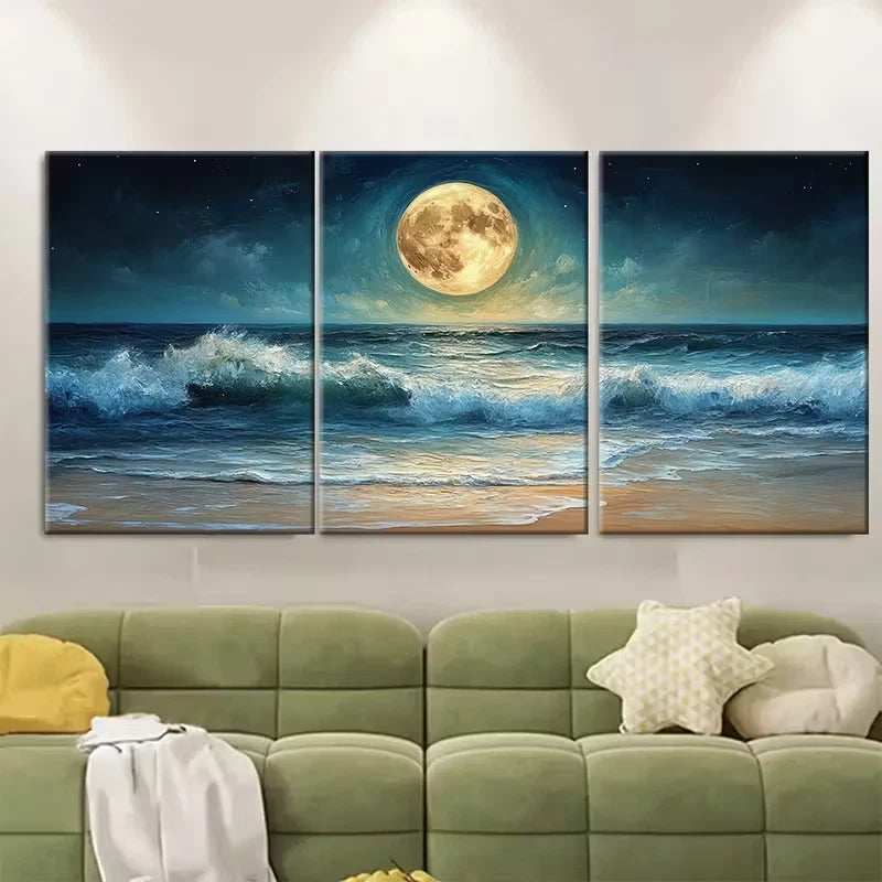 3pcs Turbulent Ocean Shore Painting Full Moon Metal Print Ready to Hang Art