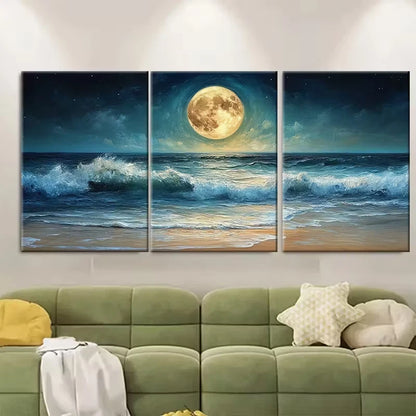 3pcs Turbulent Ocean Shore Painting Full Moon Metal Print Ready to Hang Art