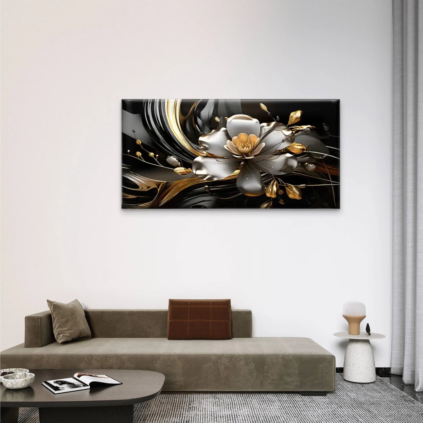 Golden White Flowers Abstract Wall Art Canvas Office Home Room Framed 120x60cm