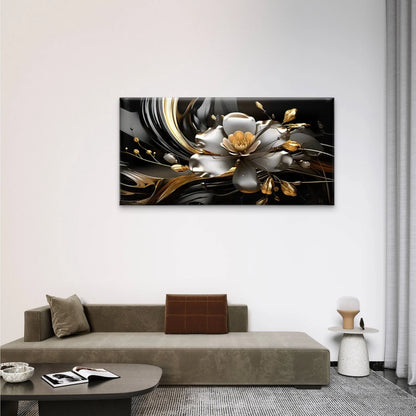 Golden White Flowers Abstract Wall Art Canvas Office Home Room Framed 120x60cm