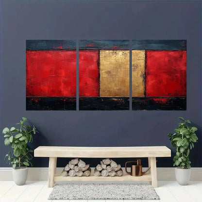 3pcs Abstract Red Beige & Golden Textured Metal Print Ready to Hang Art