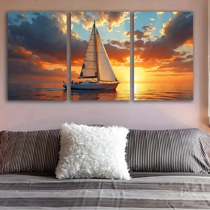 3pcs Sailboat At Sunset Wall Art Set Canvas Framed 60x90cm - High Quality Print 100% Australian Made Wall Canvas Ready to Hang