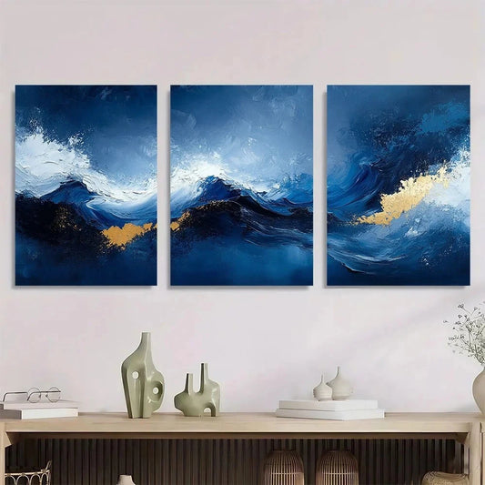 3pcs Abstract Blue White Black and Gray Metal Print Ready to Hang Art