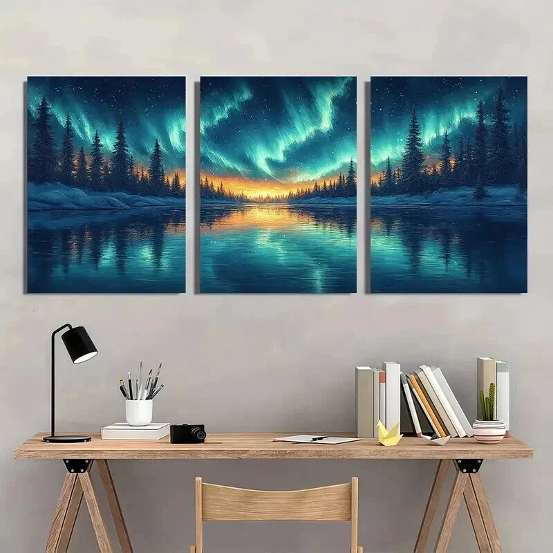 3pcs Northern Lights Borealis Aurora Night Wall Art Set Canvas Framed 40x60cm - High Quality Print 100% Australian Made Wall Canvas Ready to Hang - Bella Home Decor