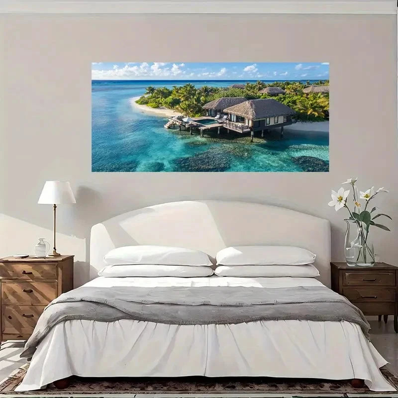 Tropical Paradise Water Villa Wall Art Canvas Office Home Room Framed 120x60cm
