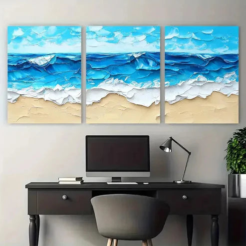 3pcs Blue Beach Abstract Painting Summer Sea Wall Art Canvas Unframed - High Quality Print 100% Australian Made Wall Canvas - Bella Home Decor