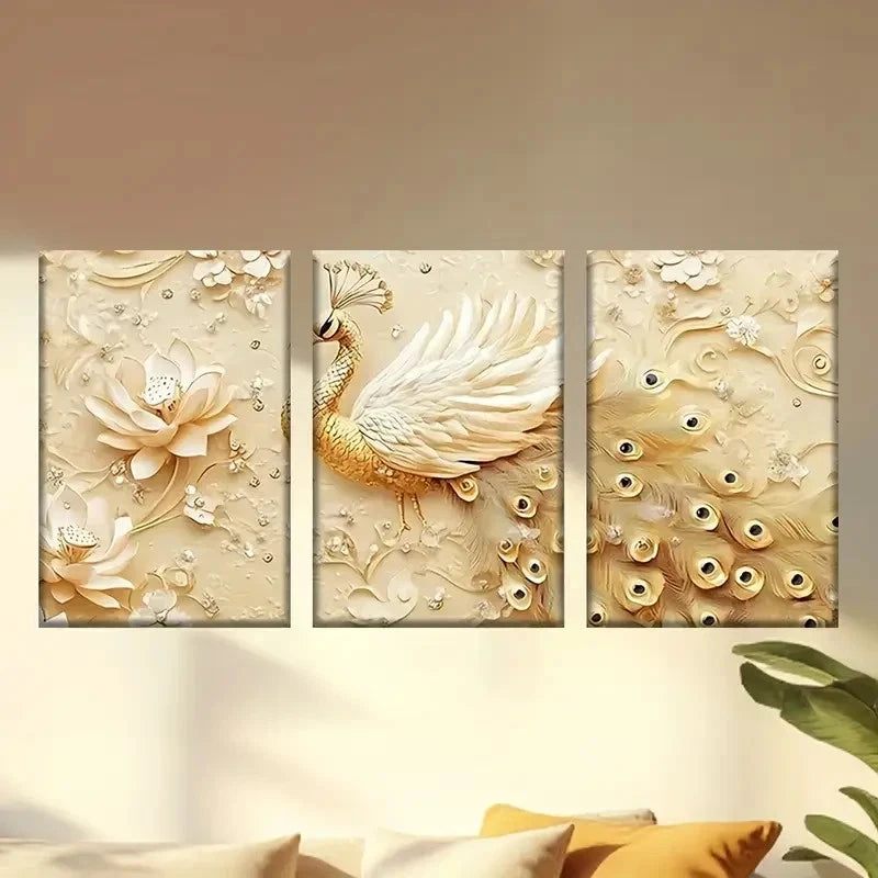 3pcs  wallpaper with a Golden peacock and flowers  Wall Art Set Canvas Framed 60x90cm - High Quality Print 100% Australian Made Wall Canvas Ready to Hang - Bella Home Decor