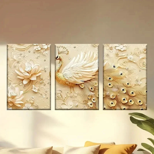 3pcs wallpaper with a Golden peacock and flowers Wall Art Set Canvas Framed 60x90cm - High Quality Print 100% Australian Made Wall Canvas Ready to Hang