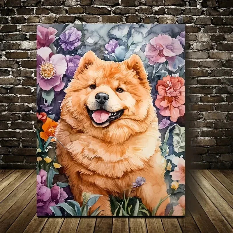 Adorable Chow Chow Dog with Vibrant Flowers Painting 40x60cm Metal Print Ready to Hang