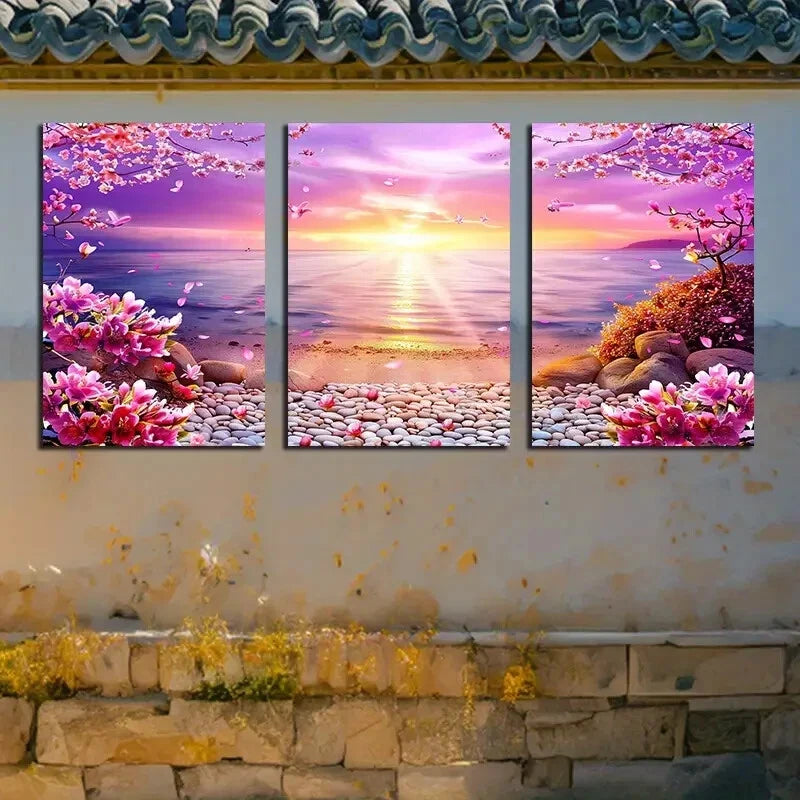 3pcs Serene Cherry Blossom Lake with Sunrise Scene Metal Print Ready to Hang Art - Bella Home Decor