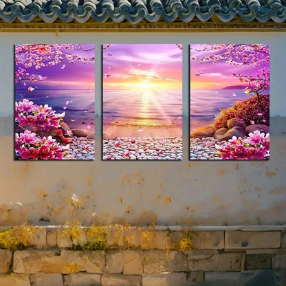 3pcs Serene Cherry Blossom Lake with Sunrise Scene Metal Print Ready to Hang Art - Bella Home Decor