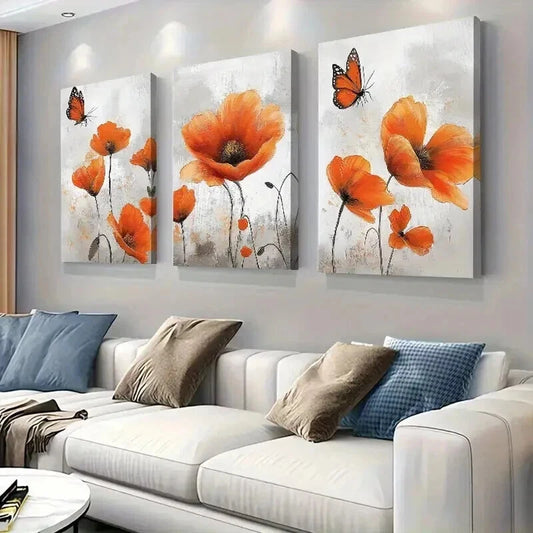 3pcs Vibrant Orange Poppy and Butterfly Wall Art Set Canvas Framed 50x70cm - High Quality Print 100% Australian Made Wall Canvas Ready to Hang