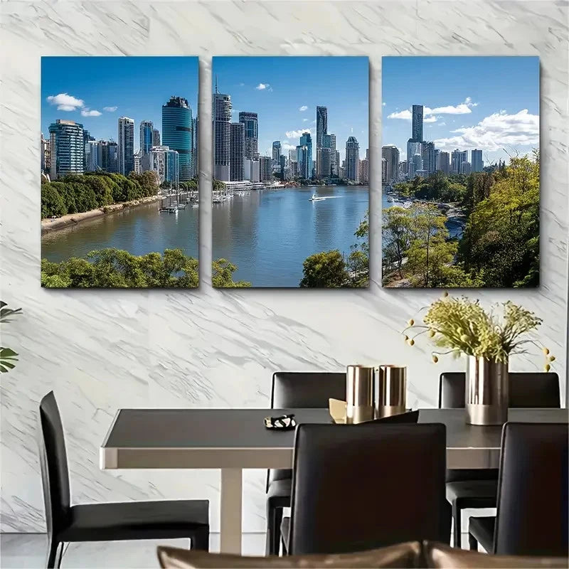 3pcs Brisbane Riverside Skyline Wall Art Set Canvas Framed 50x70cm - High Quality Print 100% Australian Made Wall Canvas Ready to Hang - Bella Home Decor