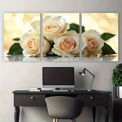 3pcs White Rose Bouquet Classic Floral Metal Print Ready to Hang Art - Bella Home Decor