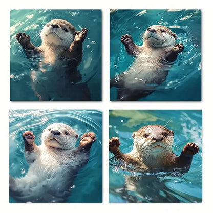 4pcs Otter in Water Scene Elegant Modern Wall Art Canvas Framed