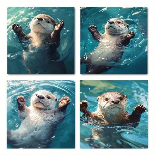 4pcs Otter in Water Scene Elegant Modern Wall Art Canvas Framed
