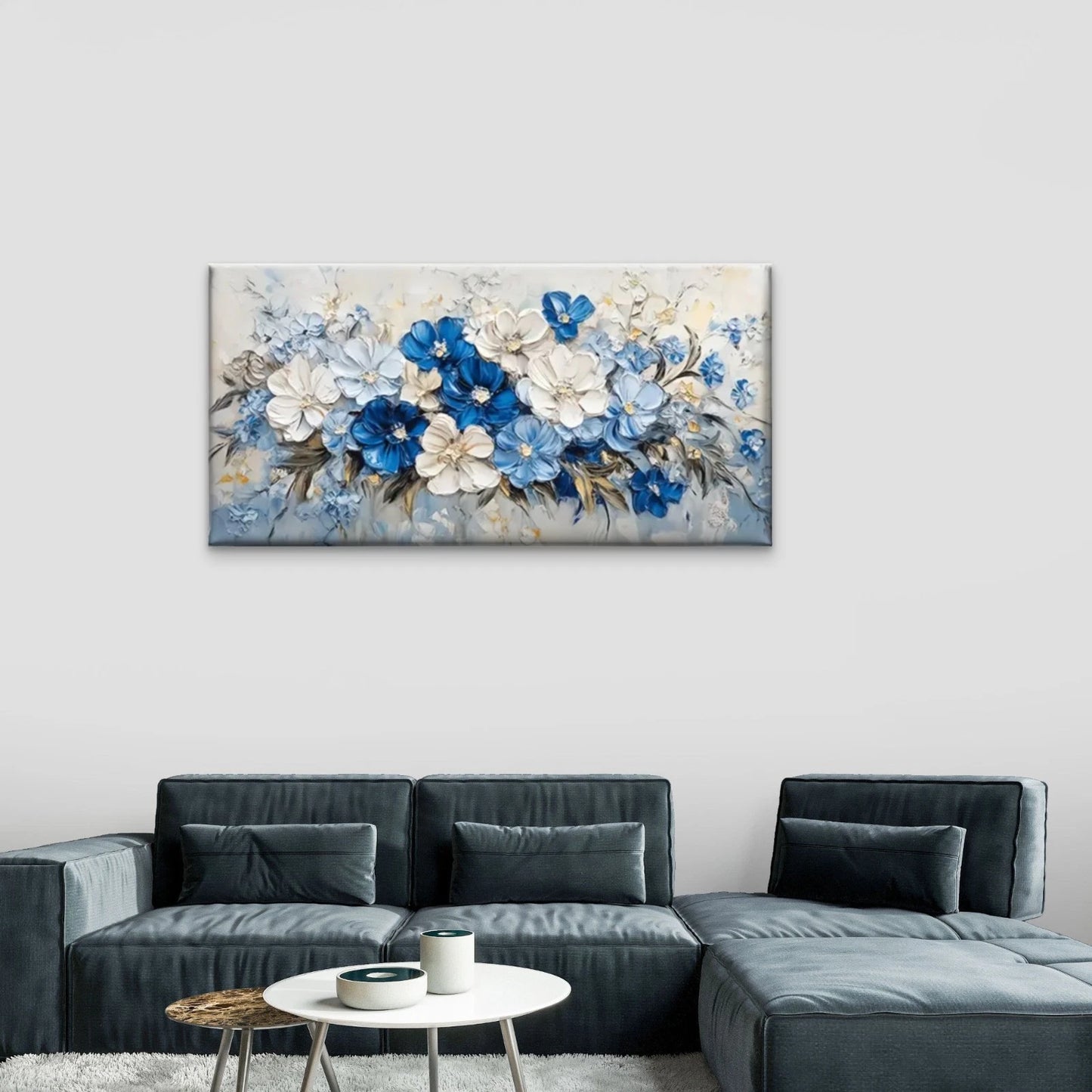 Blue Flowers White Wall Art Canvas Office Home Room Framed 120x60cm