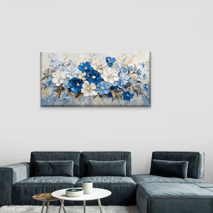 Blue Flowers White Wall Art Canvas Office Home Room Framed 120x60cm